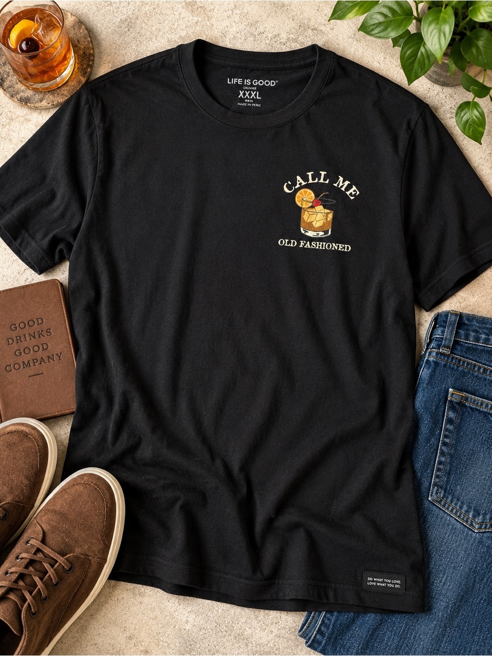 Life Is Good Mens XXXL Crusher Tee Call Me Old Fashioned Whiskey Graphic Black